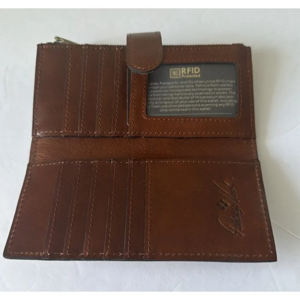 Patricia Nash Nazari Leather Bifold Wallet RFID Protection Brown European Map